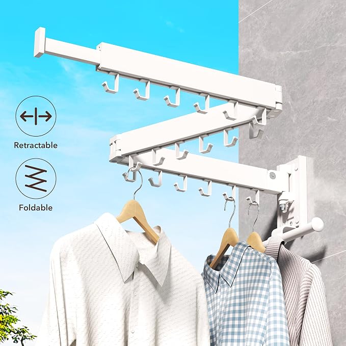 ZdwCyl Clothes Drying Rack,Laundry Drying Rack Wall Mount, Wall Mounted Clothes Rack,Retractable,Collapsible(Tri-Fold),Drying Rack Clothing,can Fold Upward & Left & Right,Space Saver, White Color - Image 3