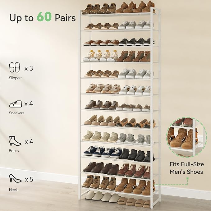 Nunsino Shoe Rack for Closet, Metal Shoe Organizer,12 Tier Garage Shoe Rack Max Holds 60 Pairs,Shoe Storage Shelf,Entryway, White - Image 5