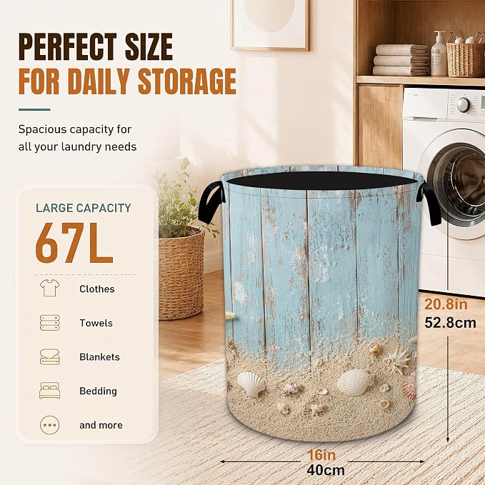 Laundry Basket with Handles,Summer Starfish Foldable Oxford Clothes Hamper,Rustic Blue Woodboard Portable Dirty Clothes Storage Bucket for Bedroom Bathroom Dorm Laundry Room Decor,20.8x16 Inch - Image 2