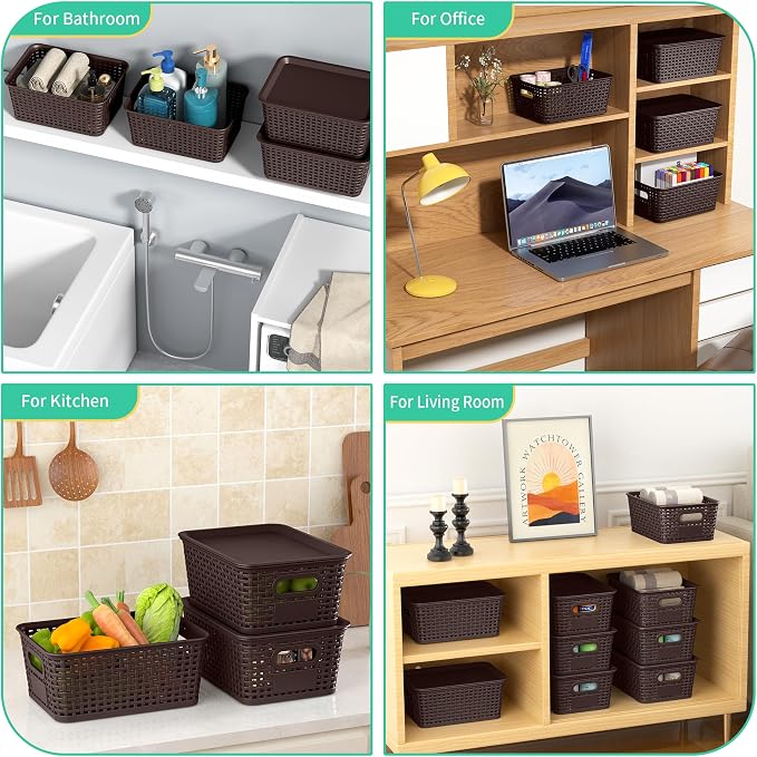 8 Pack Plastic Storage Baskets,Brown Stackable Bins with Lid - Image 7