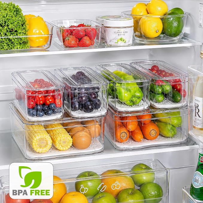 SMRCAD Clear Fridge Bins with Drain Trays - BPA-Free PET, Stackable - Image 2