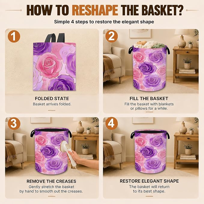 Decorative Foldable Laundry Basket with Handles, Pink Purple Rose Flower Oxford Clothes Hamper, 16 x 20.8 Inch Storage Basket for Bedroom Bathroom Laundry Room,20.8x16 Inch - Image 6