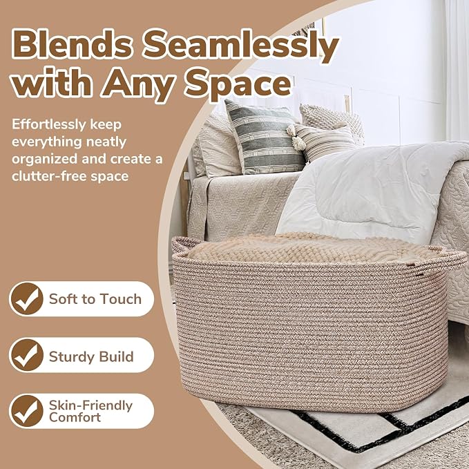 Goodpick Large Woven Rope Blanket Basket, Rectangle, Brown, 75L - Image 5