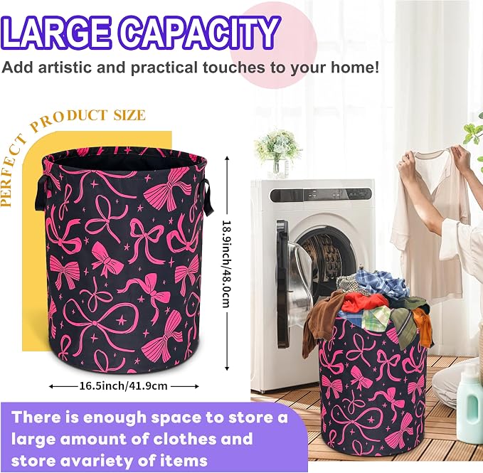 Pink Bowknot Laundry Basket Foldable Oxford Cloth Bow Hamper 18.9 x 16.5 In - Image 2
