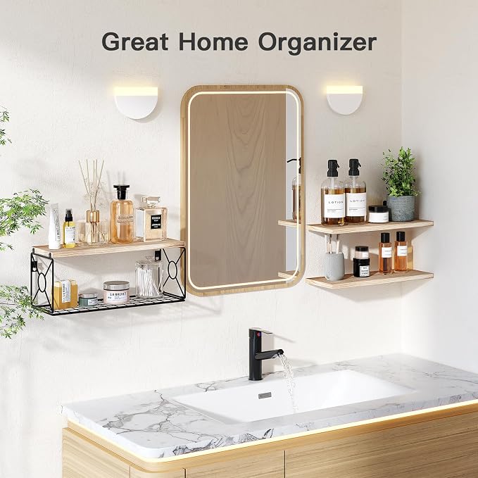 Amada Bathroom Shelves with Storage Basket, Set of 3, Natural Wood - Image 7