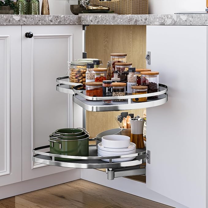 DWVO Corner Cabinet Pull-Out Organizer, 2-Tier Blind Corner Shelf with 270° Swing-Out Tray, Right Swing, Heavy-Duty Chrome Plated Iron, 32.7"x17.3"x21.3", Gray - Image 6