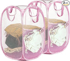 HOUSE AGAIN 2Pack Strong Mesh Pop Up Laundry Hamper, 70L Collapsible Laundry Basket with Steel Frame, Double‑Stitched Handles & Side Pocket, Foldable Dirty Clothes Hamper for Dorm, Bedroom, Light Pink by HOUSEAGAIN