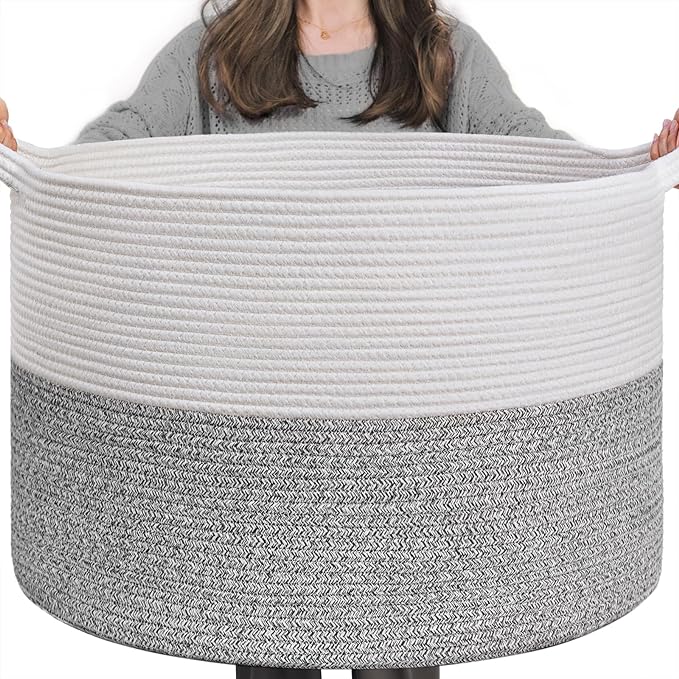INDRESSME XXXLarge Woven Rope Blanket Basket Living Room Light Grey, 90L by INDRESSME