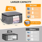 BiCINE 10 Pack Clothes Storage Bags with Zipper, 45L Foldable Blanket Storage Box with Clear Window Sturdy Handles for Closet, Dorm, Pillows, Bedding, Sheet, Comforter, Gray - Image 3