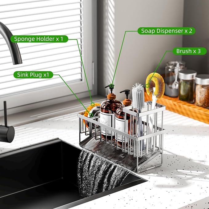 Cisily Extra Large Silver Kitchen Sink Caddy Organzier with High Brush Holder, Sponge Holder for Sink, 304 Rustproof Stainless, Kitchen Countertop Soap Dispenser Organizer For Decor and Accessories - Image 2