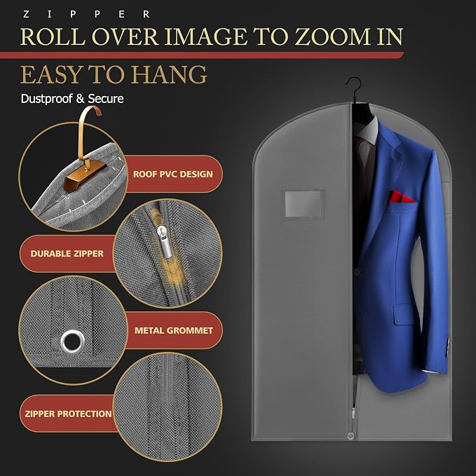 Hleelomi 5 Pack 40-in Garment Bag for Hanging Clothes Suit Bag Gray - Image 2