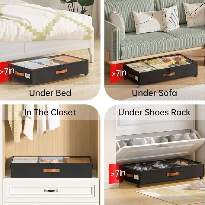 Yecaye Under Bed Storage with Wheels, 2 Pack Under Bed Storage Containers with Adjustable Dividers & Clear Window, Rolling Underbed Organizer Bins Drawers for Clothes, Shoes, Blankets, Black - Image 7