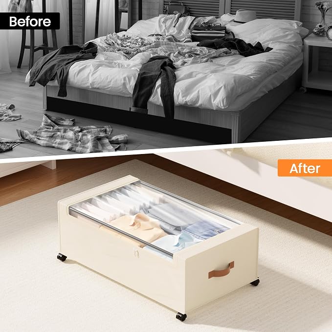 Yecaye 95L Under Bed Storage Containers, Fits 11" Under Bed, 2 Pack, Beige | XXL Capacity, 360° Rolling Wheels, Sturdy Metal Frame, Clear Window & Label, Storage Bins for Clothes, Shoes, Blankets - Image 7