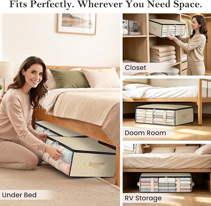StorageRight Under Bed Storage Bags, 4 Pack, 40L, Beige | Breathable Non-Woven Fabric with a Clear Window and Zippered Top for Clothes, Comforters, Blankets and Seasonal Storage - Image 6