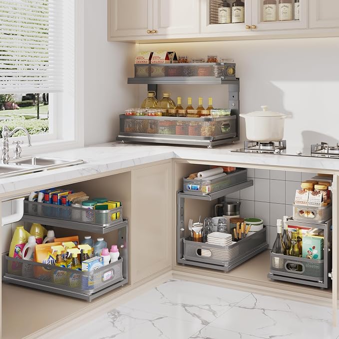 2 Pack 21IN-Depth Under Sink Organizer With Next-Gen Ball-Bearing Slides,2-Tier Precision Mesh Pull Out Cabinet Storage for Bathroom&Kitchen,Height Adjustable Drawers Shelf,Anti-rust-Grey - Image 8