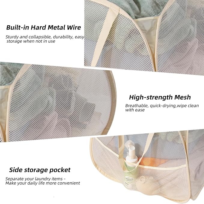 Collapsible Laundry Basket 90L, Mesh Pop-up Hamper, Beige 2PCS - Image 3