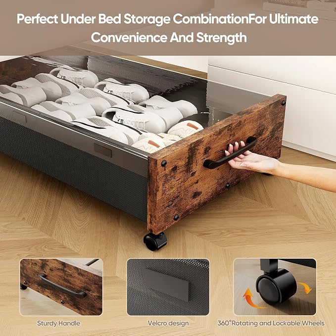 Under Bed Storage with Wheels, 2 Packs Wooden Storage Containers Extra Large Underbed Shoes Organizer, Rolling Under Bed Storage Drawers with Clear Lid, Heavy Duty for Clothes Toys 36"L (Vintage) - Image 6