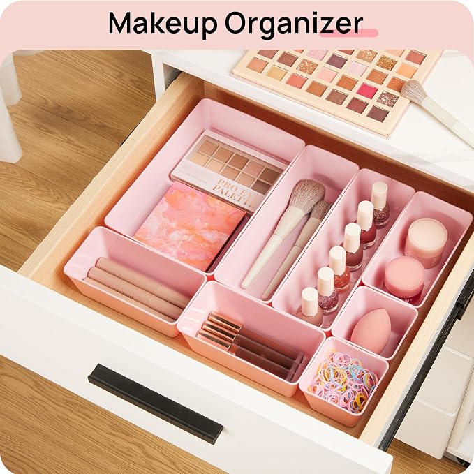 Vtopmart 44 PCS Plastic Drawer Organizers Set, Vanity Organizer Trays, Pink - Image 4