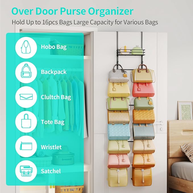 HapiRm Over the Door Purse Organizer - Wall Mounted Purse Rack with 16 Hooks and Metal Basket, Hanging Handbag Organizer Holds up to 16 Bags, Bag Rack Can Use As 1/2 Part, for Door, Closet (Black) - Image 4