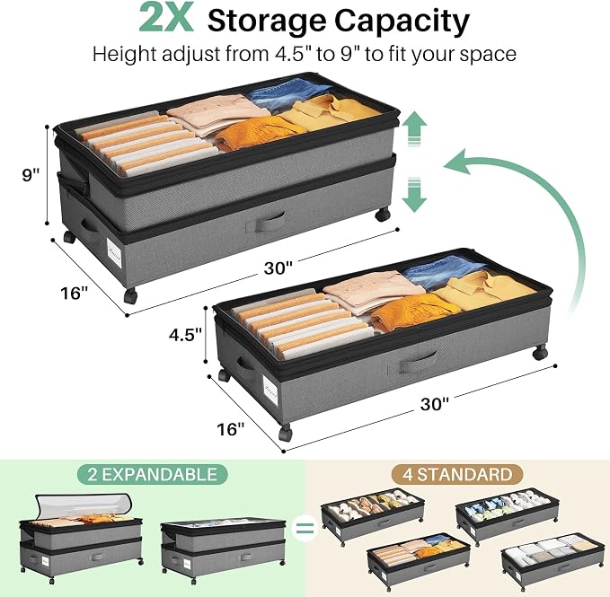 Kitstorack Under Bed Storage with Wheels 2Pack Height-adjustable Under Bed Storage Containers,Under Bed Shoe Storage Organizer with Clear Window&Label, Suitable for Clothes Storage, Gray - Image 3