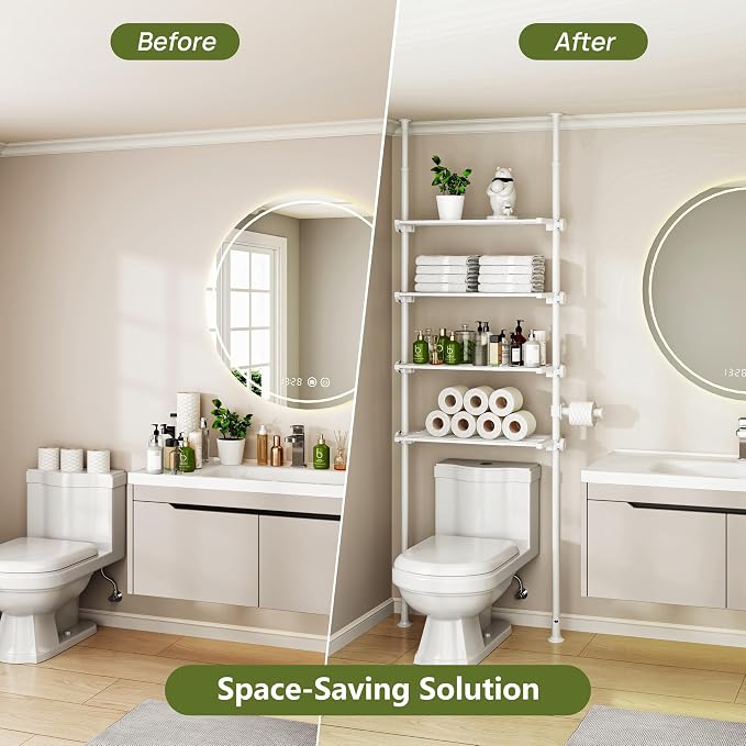 ALLZONE Adjustable Over The Toilet Storage Shelf, 4-Tier Ample Bathroom Organizer and Storage, Tension Mounted Above Toilet Storages Cabinet for Versatility, Fits 66-113 Inch Heights, White - Image 7