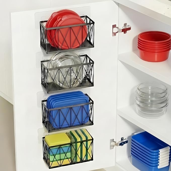 4 Pack Cabinet Door Organizer, Adhesive Inside Cabinet Door Storage for Kitchen Bathroom, Lid Organizer Compatible with Tupperware Pyrex, Wall Mounted Basket for Pantry Under Sink, Black by MIXISAV