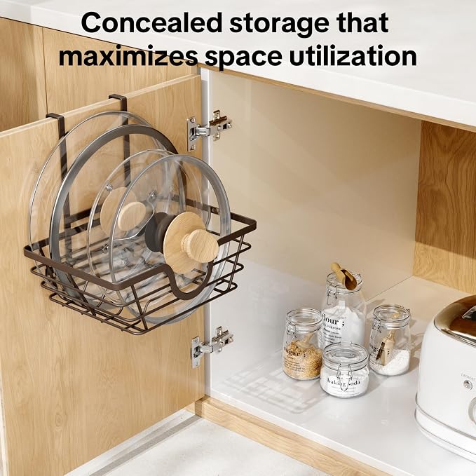 TIDIIABODE Pot Lid Organizer, Adjustable Kitchen Pot Lid Holder Inside Cabinet, Kitchen Cabinet Organizer Hanging for Food Storage Container, Pot, Pan Lid & Bakeware, Bronze - Image 3