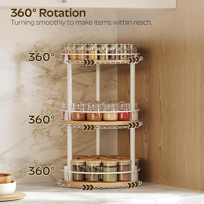 YATINEY 3-Tier Lazy Susan Organizer, Rotating Spice Rack, Spinning Organizer, Industrial Turntable Spice Rack Organizer for Cabinet, Kitchen Countertop, Pantry, White and Natural SR23WN - Image 2