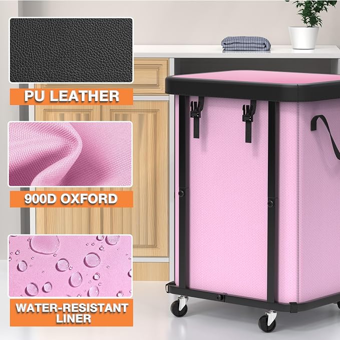Laundry Basket with Wheels,150L (40 Gal) Rolling Hamper Carts - Pink - Image 3