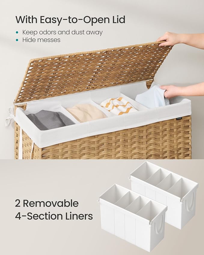 SONGMICS Laundry Hamper with Lid, 200L 4-Section Wicker Basket, 6 Mesh Bags - Image 3