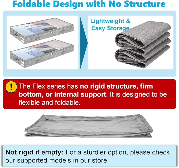 4 Inch Low Profile Under Bed Storage Drawer 2 Pack, Lightweight Underbed Clothes Storage Container Bins With NO STURCTURE, Shallow Storage Bag for Dorm & Home, With Clear Lids & Water-Resistant Fabric - Image 4