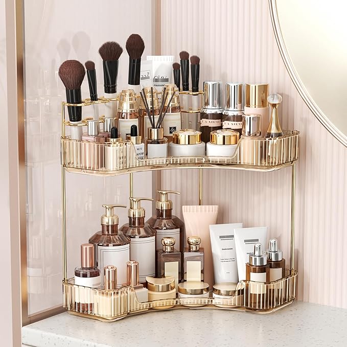 BEFSOP Corner Bathroom Counter Organizer, Upgraded 2-Tier Makeup Organizer Countertop with Makeup Brush Holder, Skincare Exquisite Vanity Organizers Countertop Bathroom Storage Dresser(GOLD) by Homelifeassistant