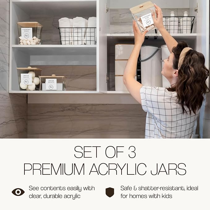 3 Pack Acrylic Laundry Room Organization Containers with Gold & Wood Knobs – Laundry Pods Container & Detergent Organizer Set | Clear Laundry Jars | Scoops & Customizable Labels | Storage Canisters - Image 2