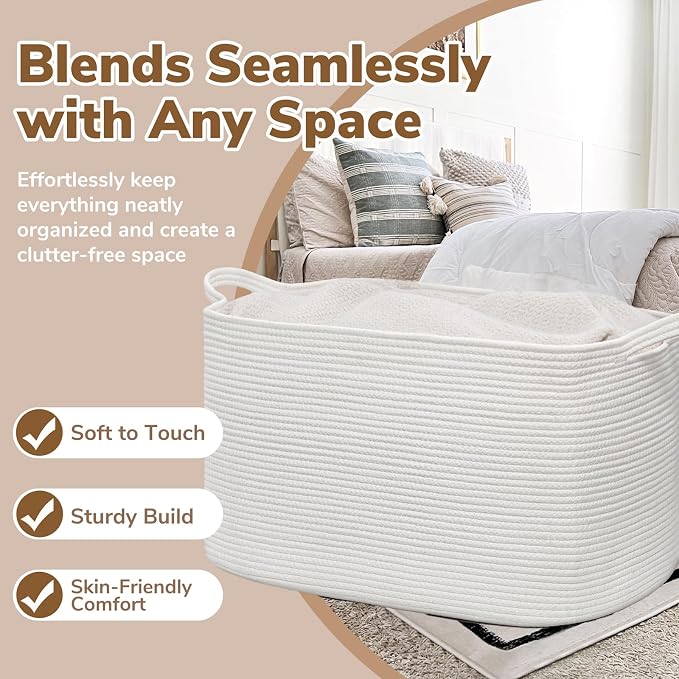 Goodpick 105L Extra Large Woven Rope Blanket Basket, Rectangle, White - Image 5