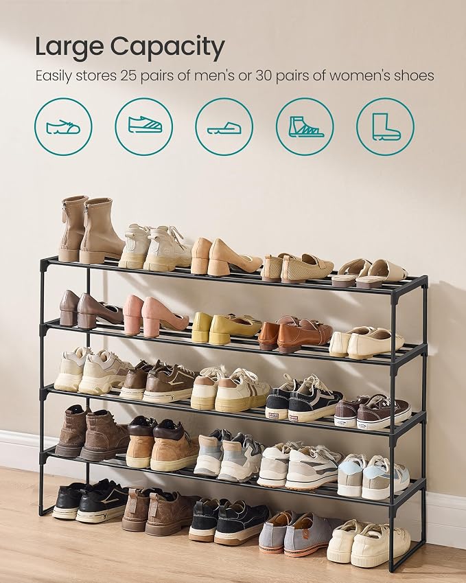 SONGMICS Shoe Rack, 4-Tier Shoe Organizer, Metal Storage Shelf | for Entryway, Upright or Upside Down, for 25-30 Pairs, Stackable, 11.8 x 46.1 x 28.4 Inches, Black ULSA034B01 - Image 6