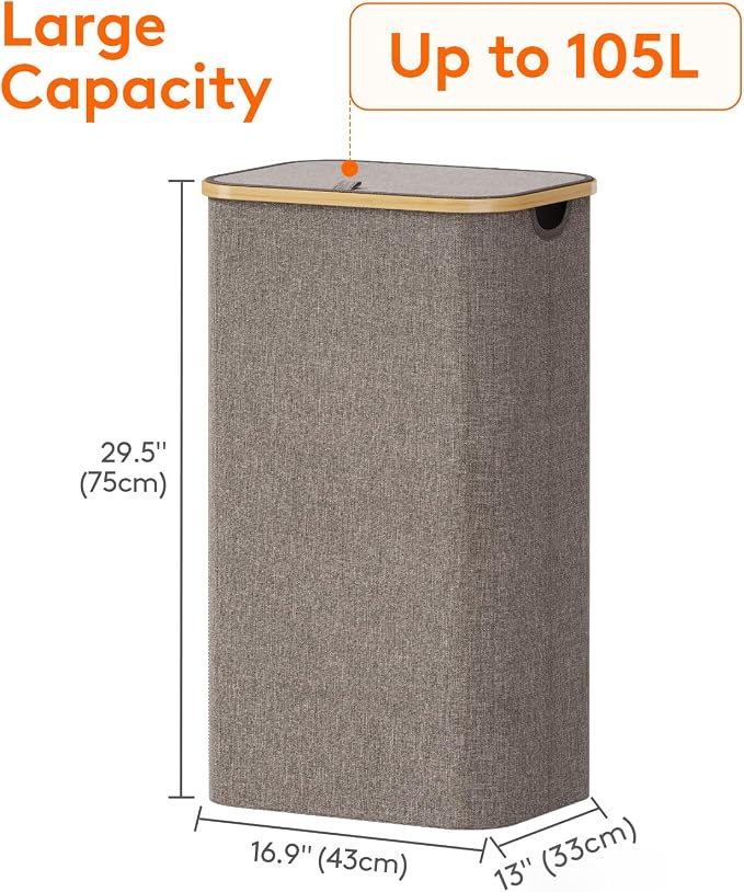 Lifewit 105L Large Laundry Basket with Lid, Removable Bags, Brown - Image 4