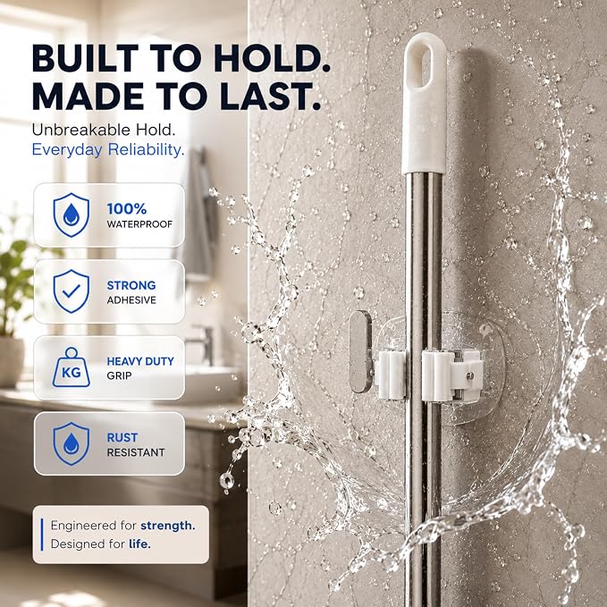 Mop Holder Wall Mount Pack of 2, Self Adhesive Broom Holder, Waterproof No Drilling Organizer for Mop, Brush & Cleaning Tools, Bathroom, Kitchen & Laundry - Image 3