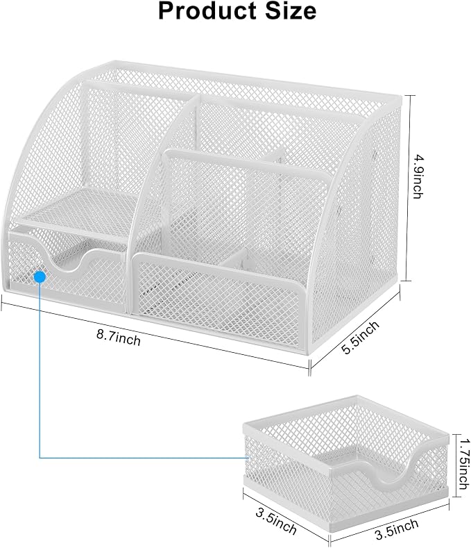 EasyPAG Mesh Desk Organizer with Drawer Multi-functional Pen Holder Stationery Organizer for Office School Supplies 6 Compartments Dorm Organizers and Storage for Desk, White - Image 7