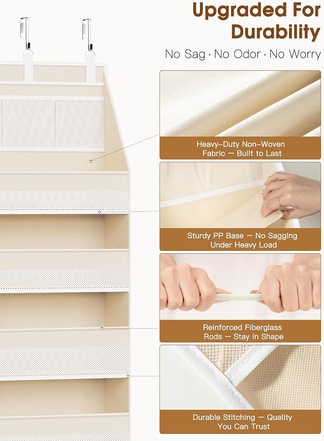 Criusia Over the Door Organizer, 6-Shelf Closet Hanging Storage with 13 Mesh Pockets, 55lbs Capacity Behind the Door Storage for Baby Nursery, Bathroom, Bedroom, and Dorm, Beige - Image 4