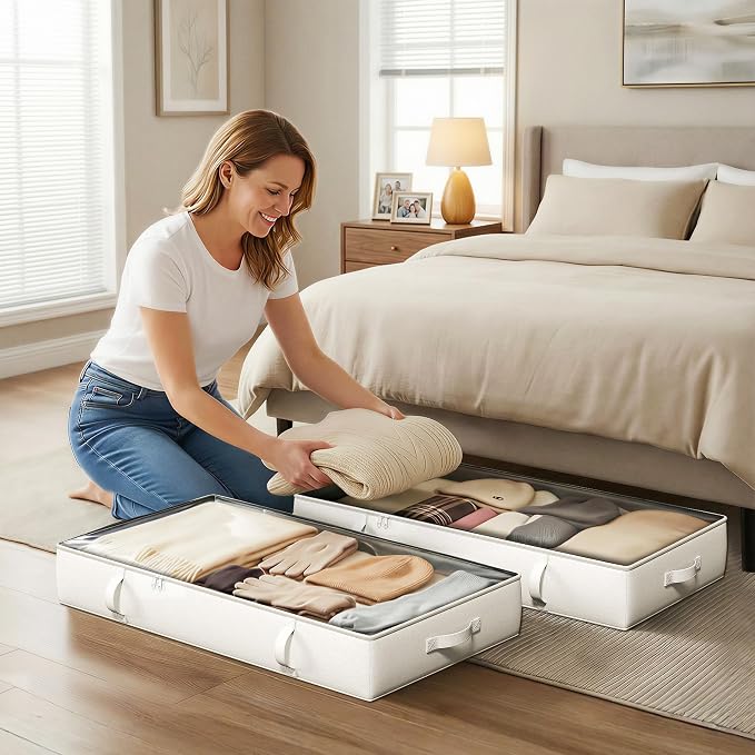 2-Pack Under Bed Storage Containers, 8 Inches Tall Clothes Storage, Beige | Large Capacity Collapsible Underbed Organizer with Sturdy Sidewalls/Bottom, Cotton Linen Bins, For Seasonal Clothes & Bedding - Image 7