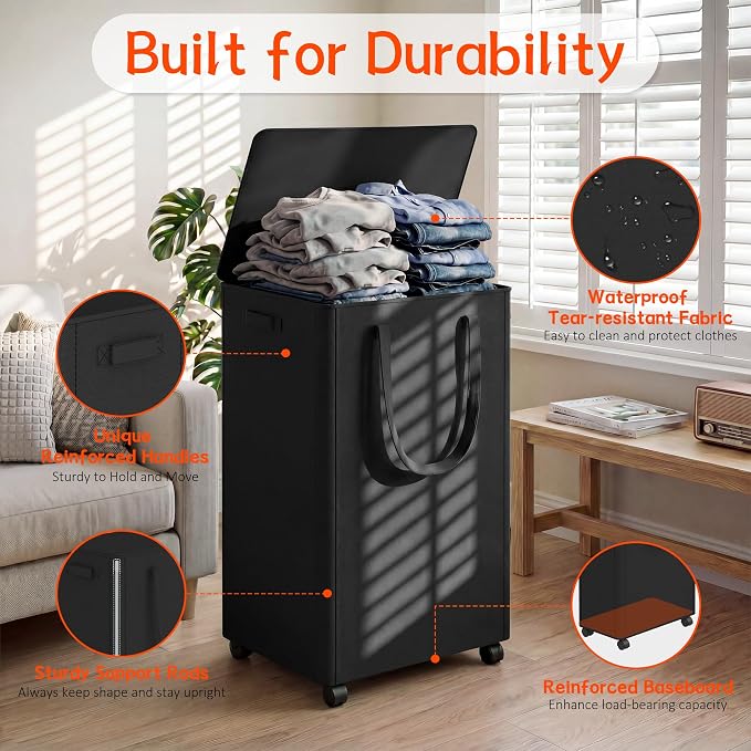 Slim Laundry Hamper with Wheels,25 Gal (95L) Rolling Laundry Basket with lid and wheels Clothes Hamper Foldable Tall Dirty Clothes Basket Sturdy Collapsible Clothes Hamper for Dorm,Laundry Room - Image 3