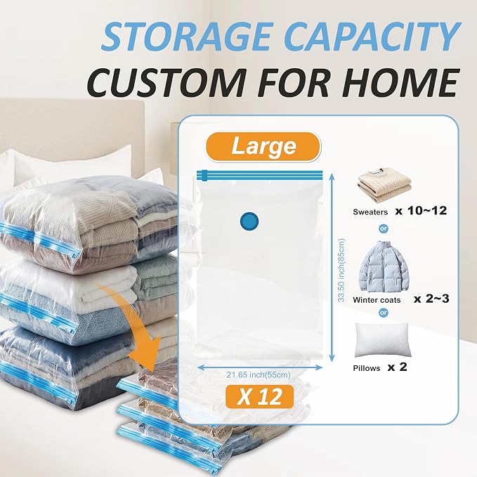 Vacuum Storage Bags with Hand Pump, Vacuum Seal Space Saver Bags,12 Large | 80% Space-Saving Bags for Clothes, Blankets, Pillows & Bedding;Double-Zip Airtight Seal;For Closets, Home & Travel Storage - Image 3