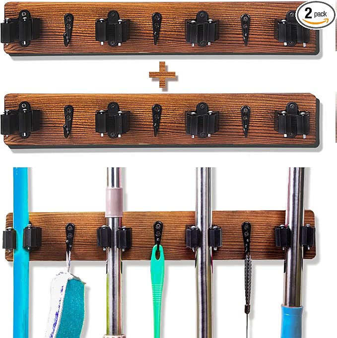 2 Pack Mop and Broom Holder Wall Mount Solid Wood Broom Rack Wall Mount 4 Positions 3 Hooks for Home, Kitchen, Garden, Tools, Garage Organizing, Cleaning Supplies Organizer Indoor Outdoor by Saderoy