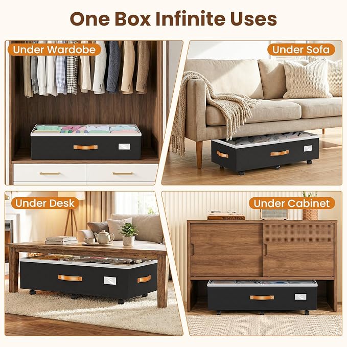 Budding Joy 80L 2 Pack Adjustable Under Bed Storage with Wheels | Underbed containers with clear lids, rolling under bed shoe storage organizer for dorm home clothes, blankets, toys, black - Image 7
