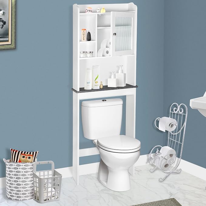 ZenStyle Over The Toilet Cabinet Double Door Wood Bathroom Storage Organizer with Adjustable Shelves, Cubby and Tempered Glass Door (White) - Image 6