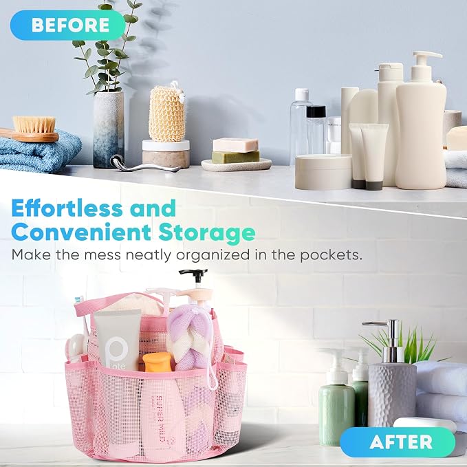 EUDELE Mesh Shower Caddy Portable for College Dorm Room Essentials,Portable Shower Caddy Dorm with 9-Pocket Large Capacity, Shower Bag for Beach, Swimming, Gym, Travel essentials, Pink - Image 8