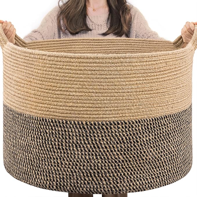 INDRESSME XXXLarge Woven Wicker Blanket Basket Living Room Black Jute, 90L by INDRESSME