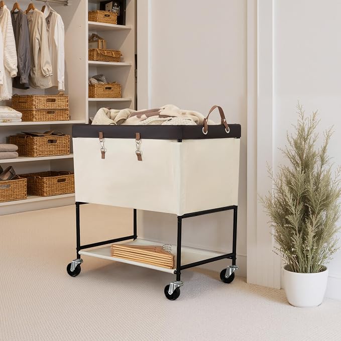 StorageWorks Laundry Cart, 2 Tier Rolling Basket with Wheels, 46 Gal, Beige - Image 6