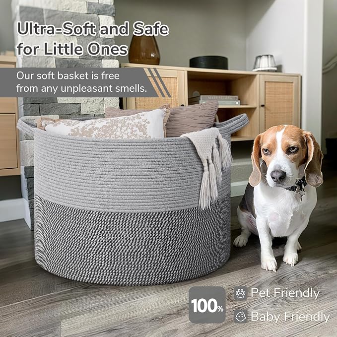 INDRESSME 115L Extra Large Woven Rope Blanket Basket Living Room, Grey - Image 5