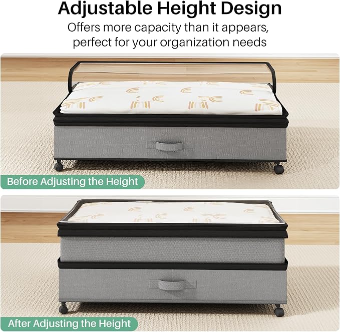 Kitstorack 4 Pack Height-adjustable Under Bed Storage with Wheels, Under Bed Storage Containers,Under Bed Shoe Storage Organizer with Clear Window&Label, Suitable for Clothes Storage, Gray - Image 6